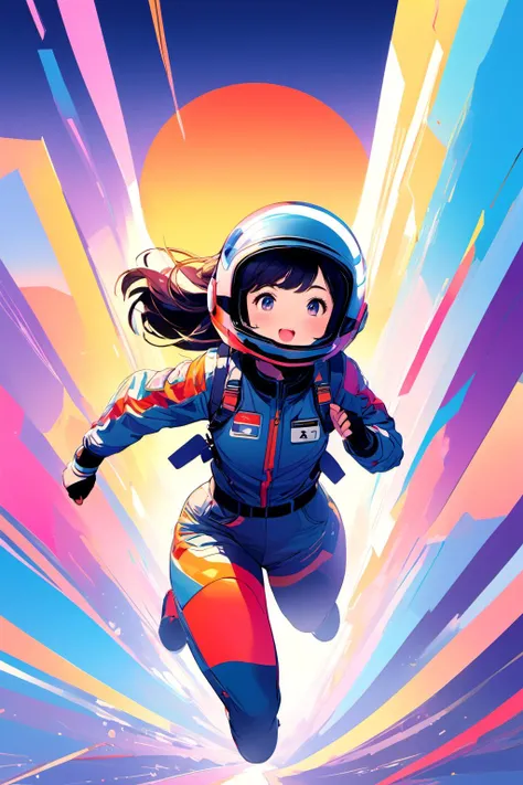1girl , pilot, helmet, running, sunset
kawaii
absurdres, highres, ultra detailed, color blocking, bold contrasts, geometric shapes, flat colors, minimalist design, modern aesthetic, striking visuals
(art by Noriyoshi Ohrai )