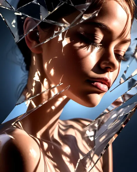 Mirror broken into pieces, with the reflection of the same woman, but in different styles in each piece of the mirror. Eyes each one a different color, clothes divided into 5 different colors, hair of three different colors, every cracked piece of the mirror, showing a different detail.