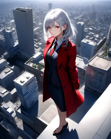 upper body, 1girl, silver hair, red coat, office suit, standing on the top of a building
look at viewers
shadow, dramatic lighting
(realistic background, by sui ishida ) ultra detailed, beautiful and aesthetic,
(masterpiece, best quality), elegant, , vivid colors, perspective