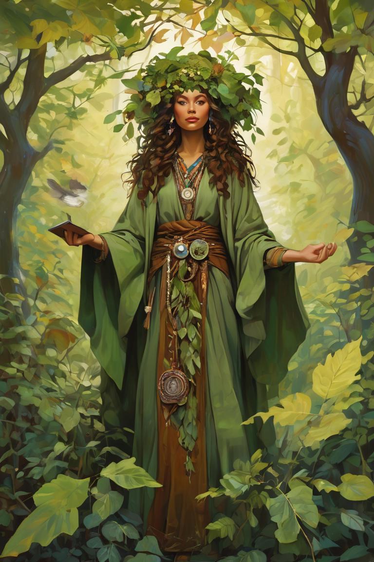 A painting of a woman in a green dress standing in the woods - SeaArt AI