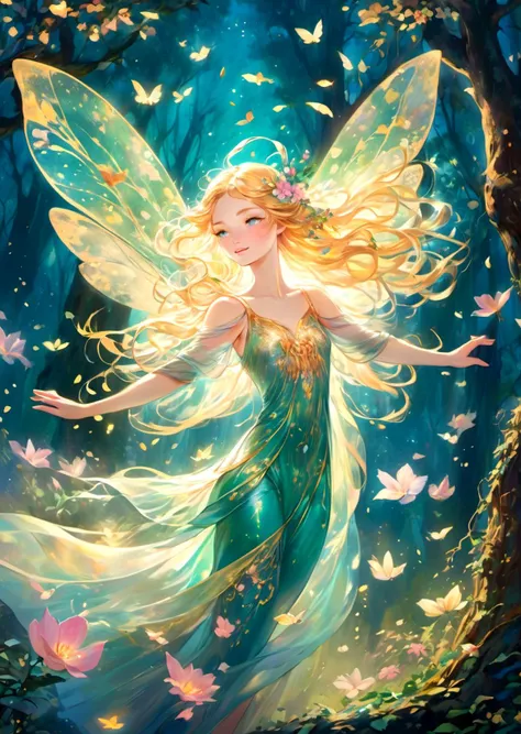 absurdres, highres, ultra detailed, In a moonlit forest clearing with towering ancient trees, a mesmerizing sight captivates your gaze: a mesmerizing, enrapturing fairy-like creature emerges. On delicate gossamer wings with a span of (10 feet:1.2), vibrant hues cascade, as if painted with blooming flowers. Radiant golden hair glows as it gracefully flows. The petite figure, adorned in a translucent gown of (pastel-hued petals:1.3), dances mid-air, feet barely touching. Her iridescent (jade eyes:1.2) glow with a mischievous sparkle, inviting you into her enchanting realm.