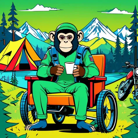 Pop Art style A cartoon monkey wearing short green sleeves sits in a camping chair drinking coffee next to a camping with a motorcycle and tent behind,with woods and mountains in the distance. Illustration,adobe mg style,flat illustration,niji style,
vector image,HD,8k,rich details, . Bright colors, bold outlines, popular culture themes, ironic or kitsch