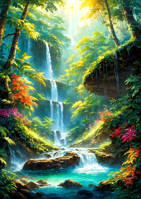absurdres, highres, ultra detailed, A breathtaking painting of a serene forest scene, featuring a cascading waterfall surrounded by vibrant flora and fauna. The colors are rich and vivid, with rays of sunlight piercing through the lush canopy. The level of detail is astonishing, highlighting every leaf, petal, and dewdrop. The artist's talent shines through in the composition, bringing a sense of tranquility to this awe-inspiring masterpiece.