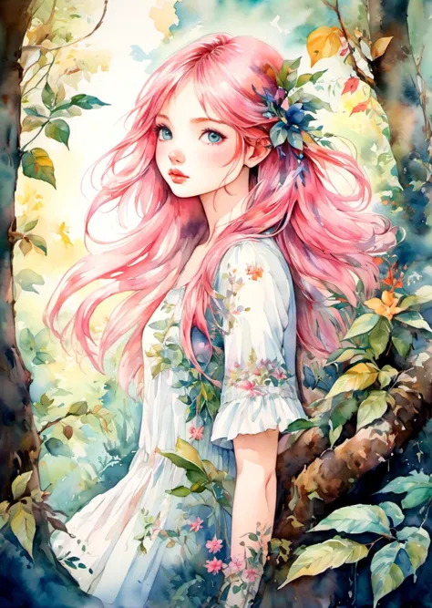 absurdres, highres, ultra detailed, In this vibrant watercolor masterpiece, witness the best quality of craftsmanship. Set in a magical forest, a lone figure captures your attention. Admire the incredible detailing on the girl's serene face, her eyes filled with a captivating beauty. Her pink hair cascades down, contrasting against her flowing white dress and legwear. Prepare to be enthralled as the botanical illustration brings the enchanted flora to life, offering a visual feast for the eyes.