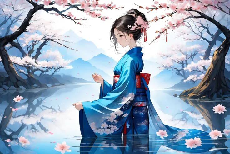 (1 deep bule kimono female:1.3), beautiful cute, ultra detailed long fibers, ultra detailed background,
translucent layers, fluid textures, subtle hues, organic forms, playful imagery, blue and white expression
BREAK
, walking on Clear water surface, a mirror make ripples, surrounded by sakura trees, from behind, night, perfect moon light