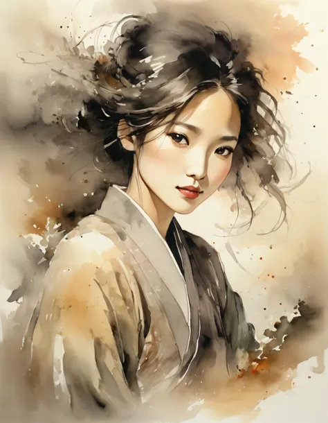 ultra detailed, korean woman, expressive brush strokes, ink wash, gradation, , poetic atmosphere, delicate balance, fluid motion