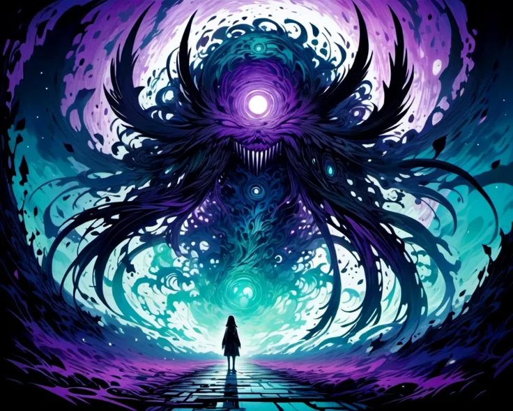 In a nightmarish eldritch landscape, a tall figure lurks surrounded by intricate details. Shades of purple and teal (1.1) clash, while deep black shadows (0.9) intensify an atmosphere of horror. Insane patterns twist and turn, seeming to defy logic. Emanating an eerie glow, the figure's glowing eyes pierce through the madness, compelling viewers to uncover the mysteries within this enigmatic masterpiece.