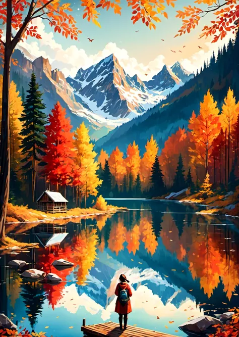 absurdres, highres, ultra detailed, Picture of a serene mountain lake surrounded by vibrant autumn foliage, set against a backdrop of snow-capped peaks. The crystal-clear water reflects the shimmering colors, creating a kaleidoscope of red, orange, and gold. A lone figure stands on a wooden pier, lost in thought as they gaze at the tranquil scene. The air is filled with the soft rustle of falling leaves and the distant call of a majestic bird soaring above.