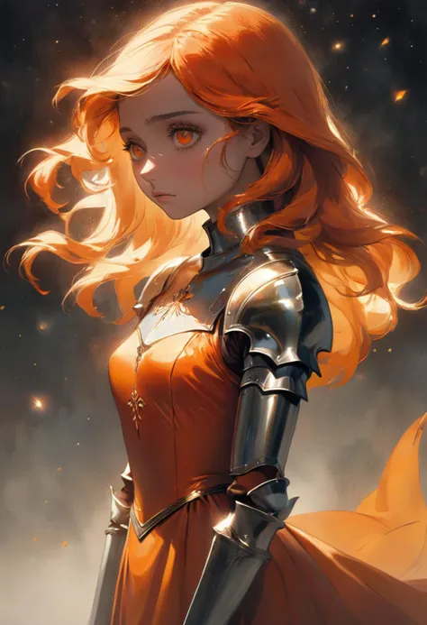 masterpiece, best quality, high quality, highres, absurdres,
linquivera, coquelicot, beautiful woman, sorrowful expression, faded elegance, poignant atmosphere, lost beauty, melancholic aura, hauntingly captivating, timeless grief, stark contrast, delicate decay, backlighting, wind, backlighting, stardust,(wind:1.2), knight, orange