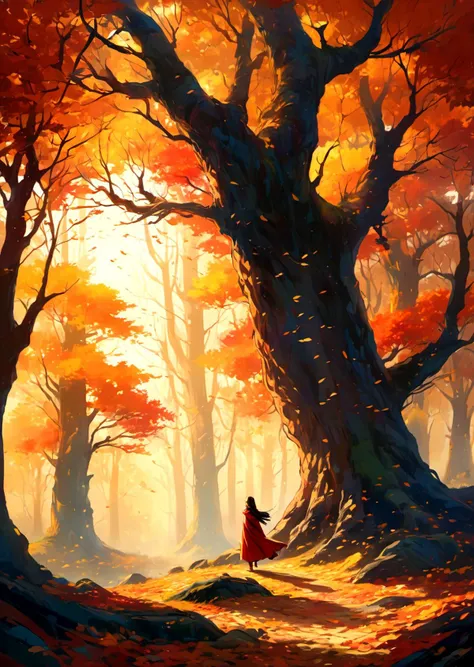 absurdres, highres, ultra detailed, A stunning digital painting of a mystical forest in autumn. The vibrant hues of red, orange, and yellow dominate the scene, with tall ancient trees casting long shadows on the ground. A gentle breeze rustles the fallen leaves, while a stunning sunset bathes the landscape in a warm golden light. In the distance, a lone figure stands amongst the trees, their cloak billowing in the wind, mysterious and poetic. An artwork that transports you to another realm.