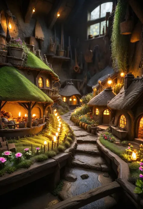 Cinematic Lighting riverside hobbit village full of farms and hobbits with gardens and flowers intricately detailed, true masterpiece, 8k, hdr, vibrant neon, led rgb studio quality OverallDetail