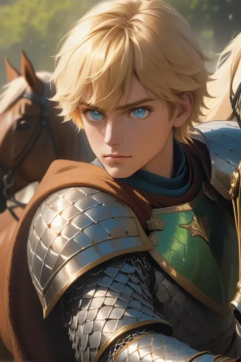 hyperrealistic medieval style macro shot of action shot of breathtaking solo focus, young man, short blonde hair, blue green eyes, wearing a suit of chainmail armor, holding sword and shield, riding a brown horse, perfect composition, golden ratio, insanely detailed, 8k resolution, HDR . award-winning, professional, highly detailed. Movement, energy, dynamic, intense. Extremely close-up, detailed, intricate, revealing . historical, ornate, religious, gothic . photorealistic, extreme detail, lifelike, crisp, precise,blurry
