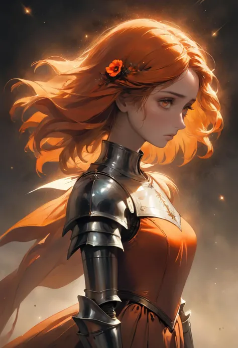 masterpiece, best quality, high quality, highres, absurdres,
linquivera, coquelicot, beautiful woman, sorrowful expression, faded elegance, poignant atmosphere, lost beauty, melancholic aura, hauntingly captivating, timeless grief, stark contrast, delicate decay, backlighting, wind, backlighting, stardust,(wind:1.2), knight, orange