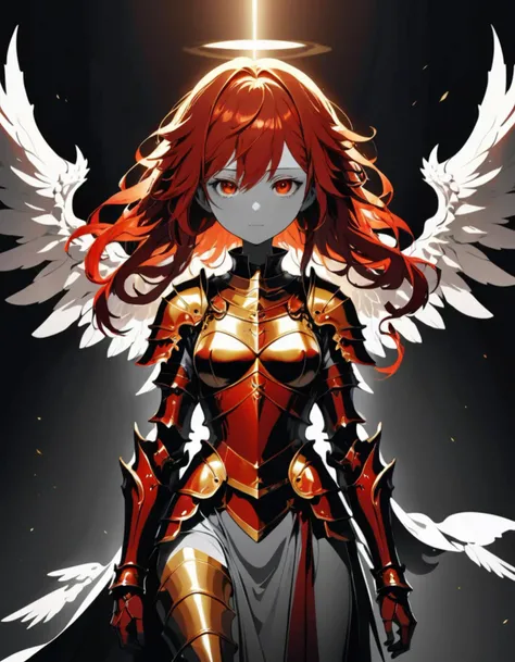 masterpiece, silhouette face is shown in the dark,coming from the dark, a greyscale, monochrome, black ink, line art, vector, anime, photo,, anime style Beautiful girl in armor. Ideal figure. Beautiful face. Red hair .Angel Wings, Golden armor. In full growth. Anime. Long legs. High Details. 8k. Dramatic Lighting.