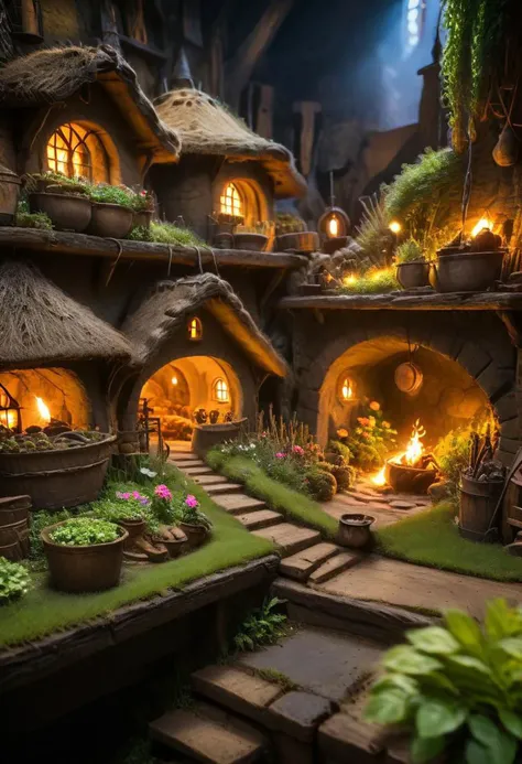 Cinematic Lighting riverside hobbit village full of farms and hobbits with gardens and flowers intricately detailed, true masterpiece, 8k, hdr, vibrant neon, led rgb studio quality OverallDetail