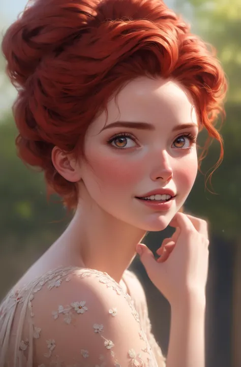 (masterpiece, best quality, highres, high resolution:1.2), extremely detailed, realistic, intricate details, 1girl, solo, red hair, Tousled Updo, widow's peak, open mouth, blush, freckles,