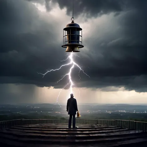 A tall man standing on a high tower, holding a warning bell, with a dark and cloudy sky in the distance, lightning flashing, and thunder rumbling, cinematic lens with (complex filed bokeh);