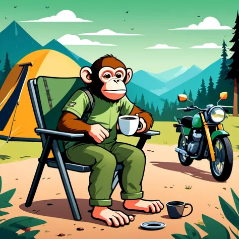 A cartoon monkey wearing short green sleeves sits in a camping chair drinking coffee next to a camping with a motorcycle and tent behind, with woods and mountains in the distance. Illustration, flat illustration
vector image, HD, 8k, rich details