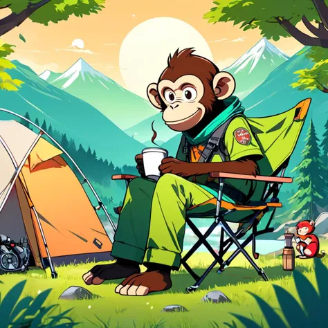 anime artwork A cartoon monkey wearing short green sleeves sits in a camping chair drinking coffee next to a camping with a motorcycle and tent behind,with woods and mountains in the distance. Illustration,adobe mg style,flat illustration,niji style,
vector image,HD,8k,rich details, . anime style, key visual, vibrant, studio anime, highly detailed