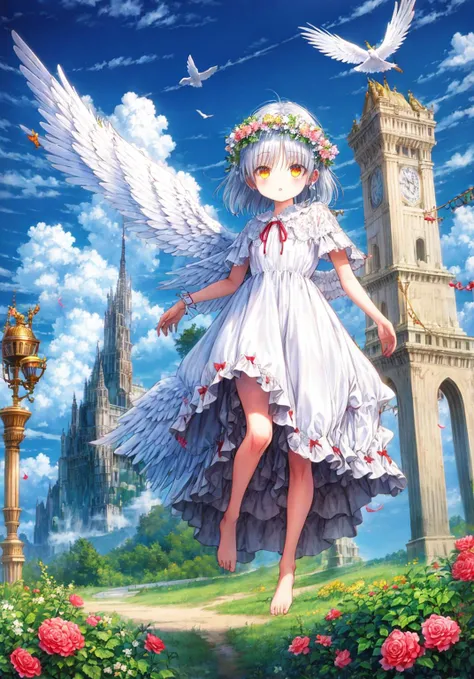 1girl, tenshi_\(angel_beats!\), angel, angel_wings, white_wings, ankle_ribbon, asymmetrical_wings, barefoot, bell, bow, cloud, cloudy_sky, dove, dress, eyebrows_visible_through_hair,feathers, flower, flying, full_body, glowing_wings, hair_flower, halo, head_wreath, kishin_sagume, large_wings, leg_ribbon, long_hair, looking_at_viewer, low_wings, mini_wings, mountain, multiple_wings, orange_eyes, parted_lips, red_bow, red_ribbon, ribbon, rose, silver_hair, single_wing, sky, solo, spread_wings, sun, sunset,twilight, white_dress, white_feathers, wings, wrist_ribbon, yellow_eyes<lora:style_gotoP:1>