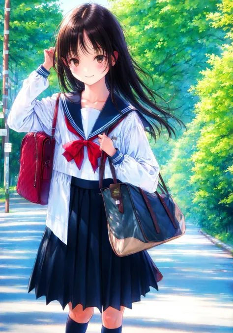 1girl, bag, bag_charm, bangs, black_legwear, blue_legwear, blue_sailor_collar, blue_skirt, blush, bow, bowtie, brown_eyes, brown_hair, cellphone, cellphone_charm, charm_\(object\), collarbone, dappled_sunlight, day, handbag, holding, holding_phone, kneehighs, long_hair, long_sleeves, looking_at_viewer, outdoors, phone, pleated_skirt, red_bow, red_bowtie, road, sailor_collar, school_bag, school_uniform, serafuku, shoulder_bag, skirt, sky, smartphone, smile, solo, standing, sunlight, tree, water, white_shirt, wind <lora:style_gotoP:1>