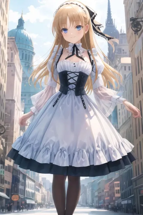 <lyco:GoodHands-beta2:1.0>,
solo, cowboy shot, soft smile, light smile, facing viewer,
1girl, blue eyes, long blonde hair, french braid, bangs, medium breasts,
hair ribbon, frilled choker, criss-cross halter, sleeveless dress, high-waist skirt, backless dress, waist bow, detached sleeves, frilled sleeves, wide sleeves, pantyhose, patterned legwear, mary janes,
masterpiece, best quality, <lora:style_gotoP:1>