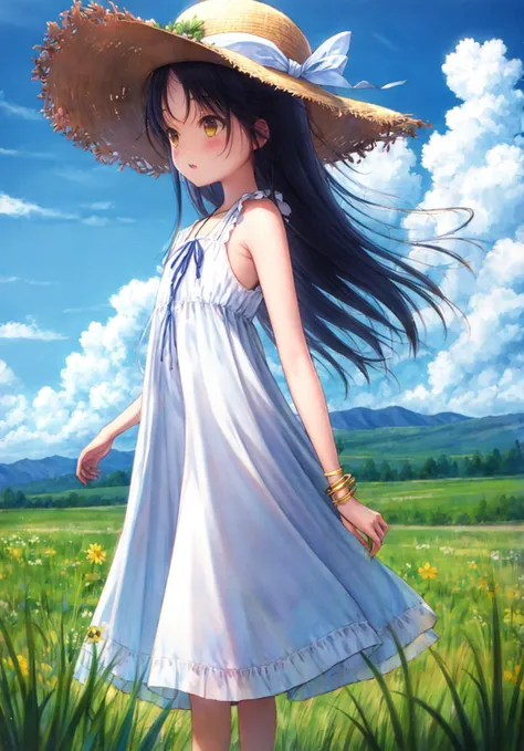 1girl, bangs, bare_shoulders, blue_sky, blurry, blurry_foreground, blush, bracelet, brown_eyes, brown_headwear, cloud, cloudy_sky, condensation_trail, day, depth_of_field, dress, field, grass, hand_on_headwear, hat, hat_bow, hat_removed, hat_ribbon, headwear_removed, holding_clothes, horizon, long_hair, looking_at_viewer, mountain, outdoors, parted_lips, power_lines, purple_hair, ribbon, sky, sleeveless, sleeveless_dress, solo, standing, straw_hat, sun_hat, sundress, sunlight, tree, utility_pole, very_long_hair, white_dress, white_ribbon, wind, wind_turbine, wrist_ribbon, yellow_eyes <lora:style_gotoP:1>