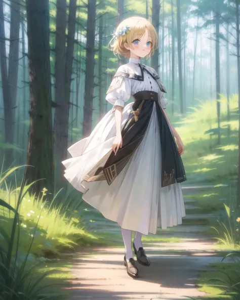 (masterpiece:1.2),best quality,highest quality,detailed and intricate,original,highres,8k,ultra-detailed,extremely detailed CG unity 8k wallpaper,illustration,pastel colors,
close-up (,full body:1.3),1girl, forest,street, river, bridge,
,, smile, <lora:style_gotoP:0.9> , skirt, boots, hair flower,