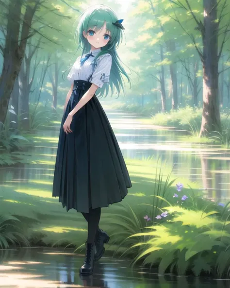 (masterpiece:1.2),best quality,highest quality,detailed and intricate,original,highres,8k,ultra-detailed,extremely detailed CG unity 8k wallpaper,illustration,pastel colors,
close-up (,full body:1.3),1girl, forest,street, river, bridge,
,, smile, <lora:style_gotoP:0.9> , skirt, boots, hair flower,
