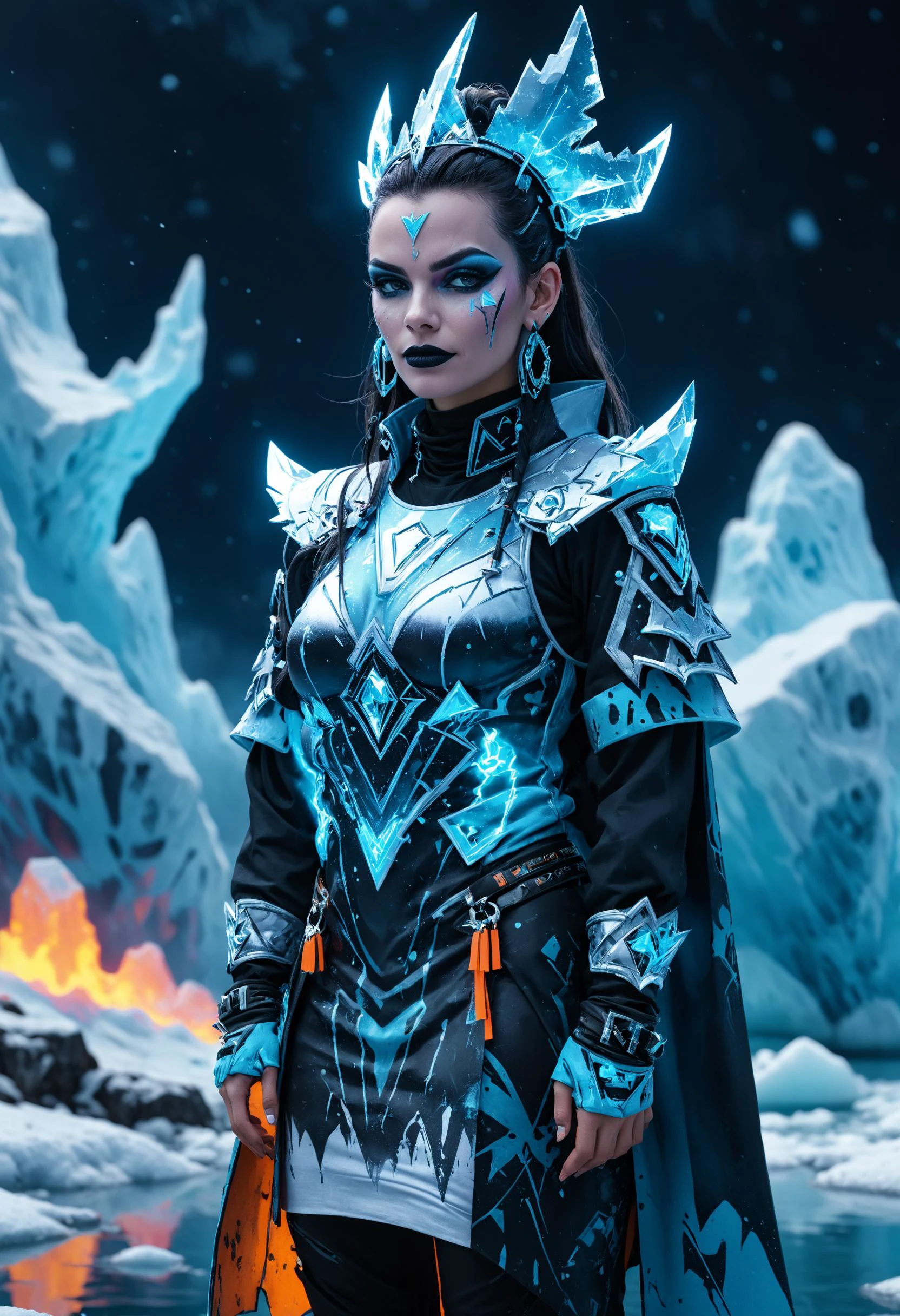 <lora:evil_villain:1> evil villain Cyberspace graffiti artist with virtual tags, <lora:EnvyCreativeOutfitXL01:1>, Glacial lake with floating icebergs in the background, <lora:xl_more_art-full_v1:0.4>, <lora:MJ52:0.4>, Global illumination, <lora:TShirtDesignRedmondV2-Tshirtdesign-TshirtDesignAF:0.8> TshirtDesignAF, <lora:blacklight_makeup_v2:0.7> blacklight makeup, sharp focus, highly detailed