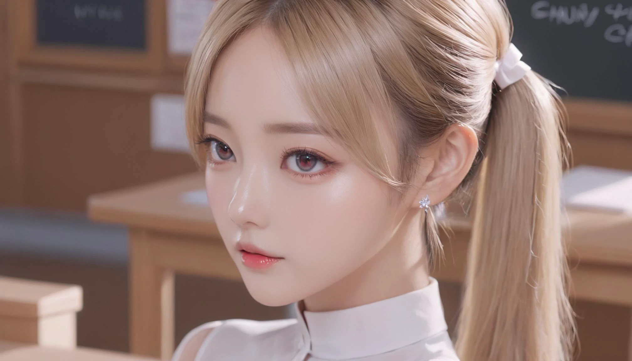 <lora:evil_villain:0.8>, evil villain, raw photo, backview, blonde teacher with cute makeup, age 40, face detailing, (holding textbook and with a pointer: 1.4) , black tight superminiskirt 30 cm long from the waist with slit on the back, in high-heeled shoes, in the crowded classroom, white tight - fitting blouse , stylish glasses, , (Thigh high socks :1.3), ponytail, red eyes, red ribbon, skin tight , (side breasts) , shoulder, collarbone, students, desks ,chairs, long earrings, textbooks, blackboard, classroom, graphic eyeliner, rouge, (choker:0.9), realistic skin texture,,, very thin waist, <lora:SDXL_MassiveCowsLoRA_v1:0.1> breasts, cleavage, slim body,, (8k, masterpiece, best quality, ultra-detailed), (an extremely delicate and beautiful)kawaii, cute, very big eyes, Aesthetic Anime Eyes, small face, large breasts, cinematic lighting, , Intricate, High Detail, Sharp focus, dramatic, masterpiece, best quality, ultra-detailed,