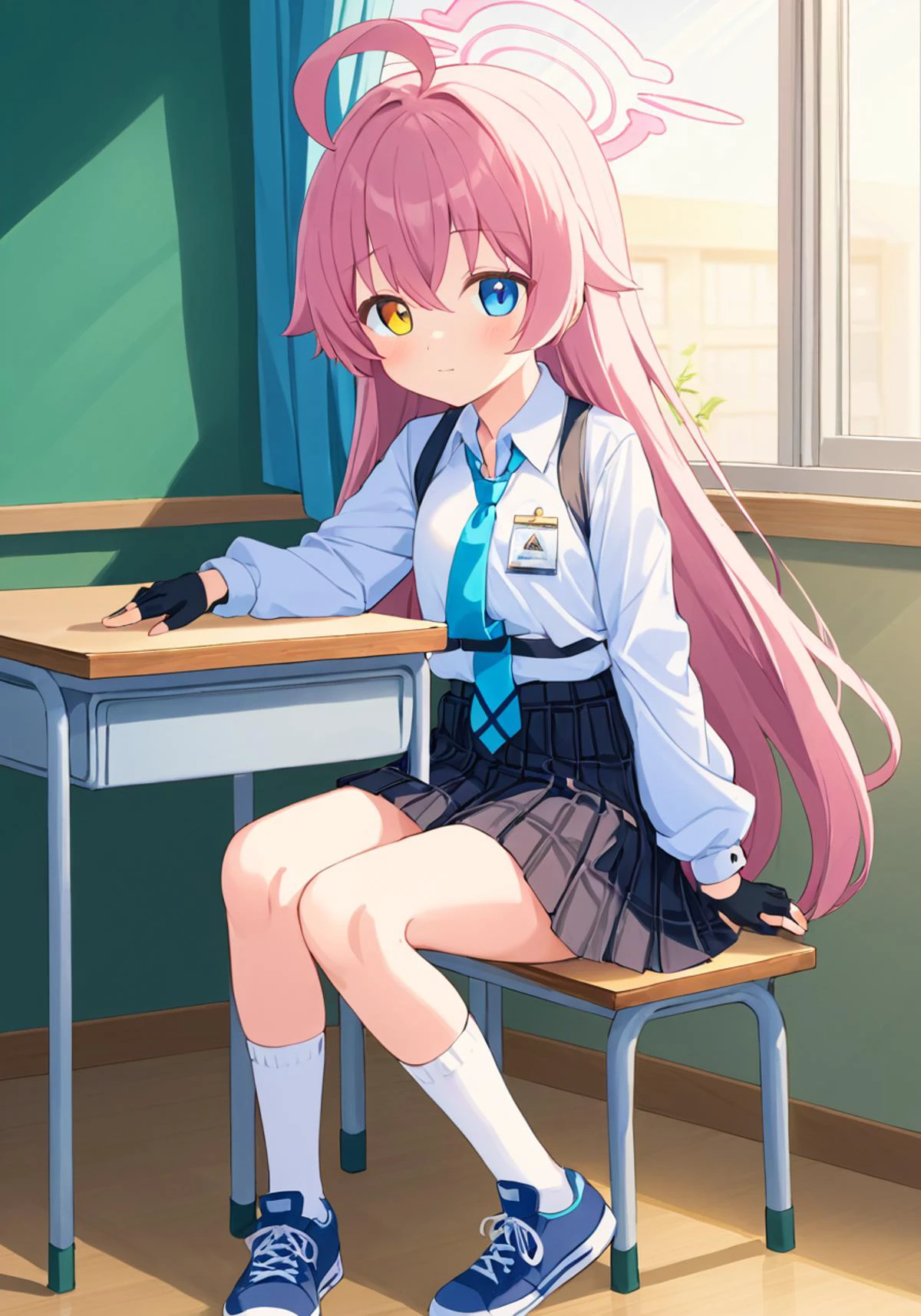 breathtaking,
koharu \(blue archive\), hoshino \(blue archive\), 1girl, solo, heterochromia, ahoge, fingerless gloves, white shirt, black gloves, curtains, blue necktie, school desk, sitting, window, looking at viewer, long sleeves, white socks, collared shirt, indoors, on desk, halo, black skirt, black footwear, plaid skirt, sneakers, pleated skirt, classroom, full body, school uniform
. gorgeous,key visual, vibrant, studio anime,award-winning, professional, highly detailed,high budget, cinemascope <lora:TakanashiHoshino_v2:1> <lora:colorful_sdxl_v2_lbw:1>
