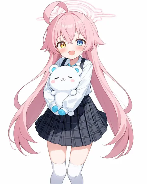 hoshino \(blue archive\),heterochromia, halo, 1girl, ahoge, fang, object_hug, white_shirt, blush, stuffed_animal, looking_at_viewer, white_socks, white_background, long_sleeves, open_mouth, black_skirt, solo, :d, simple_background, plaid_skirt, no_shoes, pleated_skirt
<lora:hoshino_(blue_archive)_image2619_2023-11-27-000006:1>halo. gorgeous,key visual, vibrant, studio anime,award-winning, professional, highly detailed,high budget, cinemascope