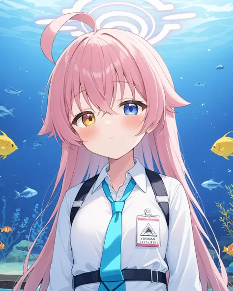 hoshino \(blue archive\),1girl, ahoge, solo, heterochromia, aquarium, halo, white_shirt, blue_necktie, collared_shirt, upper_body, id_card, closed_mouth, blush, long_sleeves, fish, chest_harness, open_collar
<lora:hoshino_(blue_archive)_image2619_2023-11-27-000006:1>halo. gorgeous,key visual, vibrant, studio anime,award-winning, professional, highly detailed,high budget, cinemascope