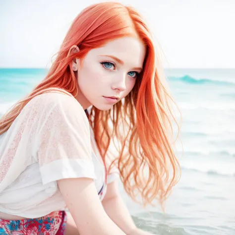 a portrait of a soaking wet of sea water redhead, cute Avril Lavigne is sitting on the beach, cinematic, warm shot, film grainy, lut, insane details, intricate details, hyperdetailed, closeup, skin indentation, artwork by Alena Aenami, <lora:lit:1>