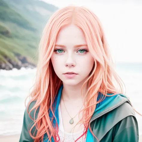 a portrait of a soaking wet of sea water redhead, cute Avril Lavigne is sitting on the beach, cinematic, warm shot,  film grainy, lut, insane details, intricate details, hyperdetailed, closeup, skin indentation, artwork by Alena Aenami,  <lora:lit:1>