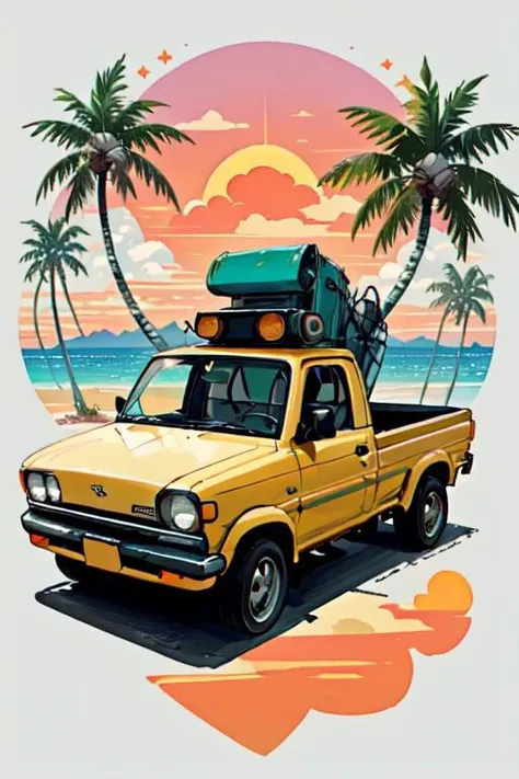 tshirt design, simple background, ssambar, kei_truck, mini_truck, An imaginative and whimsical t-shirt design, featuring a classic and elegant Black Lowrider, the truck is surrounded by a lush tropical paradise, with swaying palm trees and a breathtaking sunset sky, exuding a sense of relaxation and fun. This cheerful design perfectly captures the essence of good times and relaxation during the weekend, retro_tshirt , tshirt design
, simple background