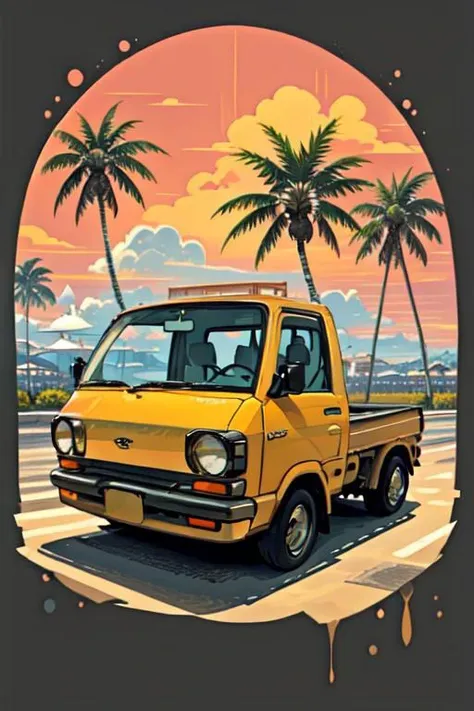 tshirt design, simple background, ssambar, kei_truck, mini_truck, An imaginative and whimsical t-shirt design, featuring a classic and elegant Black Lowrider, the truck is surrounded by a lush tropical paradise, with swaying palm trees and a breathtaking sunset sky, exuding a sense of relaxation and fun. This cheerful design perfectly captures the essence of good times and relaxation during the weekend, retro_tshirt , tshirt design
, simple background