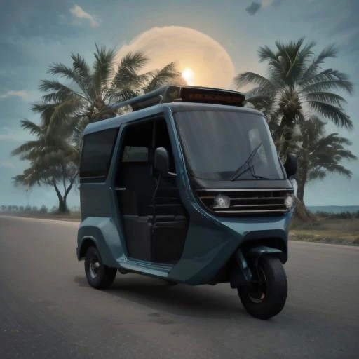 tshirt design, simple background, Vega ETX, 3wheeler, three wheeler, tuktuk, An imaginative and whimsical t-shirt design, featuring a classic and elegant Black Lowrider, the car is surrounded by a lush tropical paradise, with swaying palm trees and a breathtaking sunset sky, exuding a sense of relaxation and fun. This cheerful design perfectly captures the essence of good times and relaxation during the weekend, retro_tshirt , tshirt design
, simple background