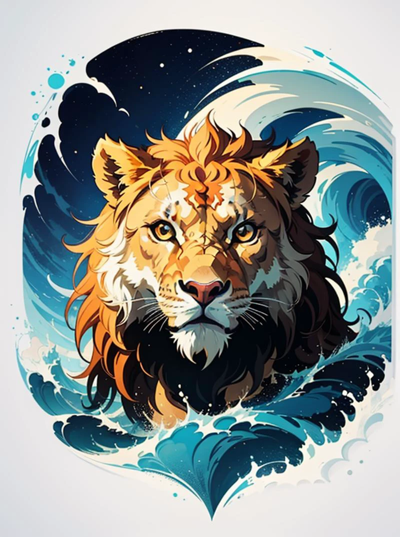 A high detailed illustration face ninja lion, blue water waves, water waves splash, t-shirt design, in the style of Studio Ghibli, pastel tetradic colors, 3D vector art, cute and quirky, fantasy art, watercolor effect, bokeh, hand-drawn, digital painting, low-poly, soft lighting, bird's-eye view, isometric style, retro aesthetic, focused on the character, 4K resolution, all within frame, simple background, tshirt design <lora:T-shirt-04:0.6>
