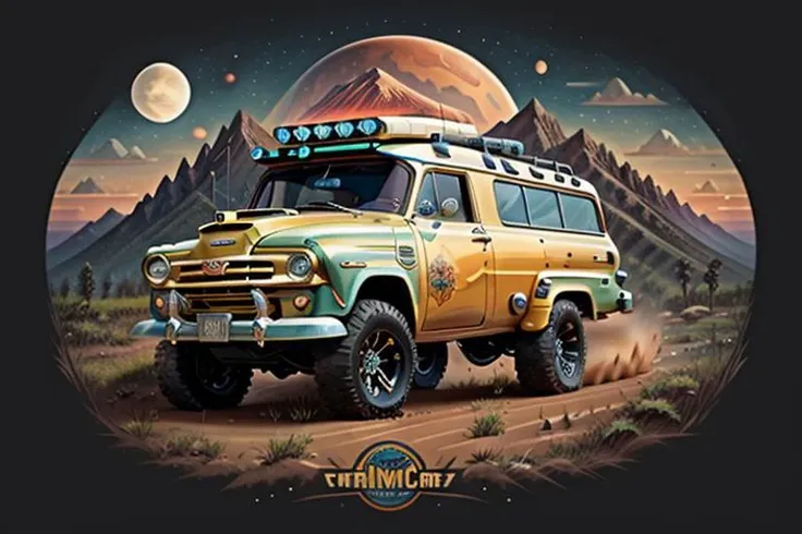 logo t-shirt design, fantasy art, 1952 GMC Suburban Cary all, lamp on, extreme off-road expedition, indonesia natural landscape, front perspective view, low angle view