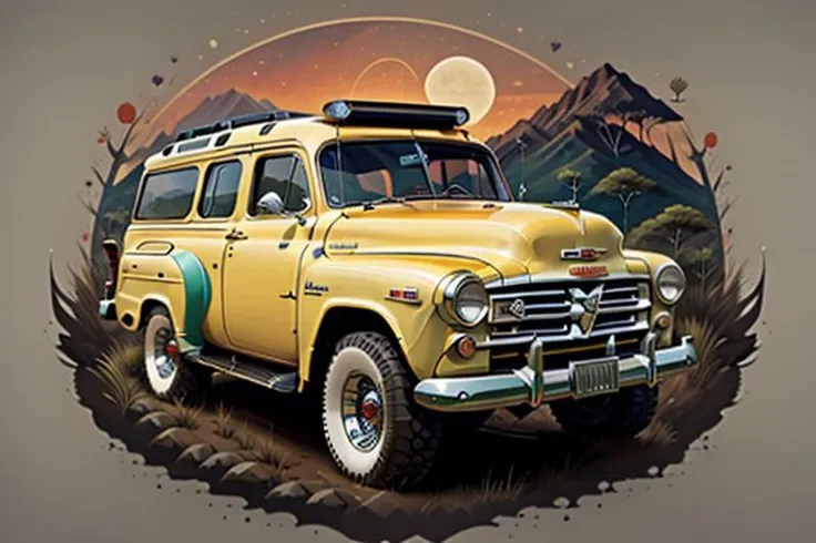 logo t-shirt design, fantasy art, 1952 GMC Suburban Cary all, lamp on, extreme off-road expedition, indonesia natural landscape, front perspective view, low angle view