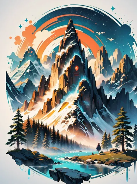 CLIPART design, painting of a mountain with trees and water, a detailed painting by Petros Afshar, shutterstock contest winner, environmental art, detailed painting, outlined art, 2d game art ,printed as a t-shirt,
, simple background, tshirt design 
<lyco:T-shirt-08:0.7>