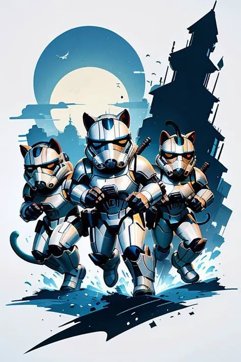 Illustrated T-shirt, Cats dressed as Storm Troppers members engaging in adorable adventures. , simple background, tshirt design <lyco:T-shirt-08:0.8>