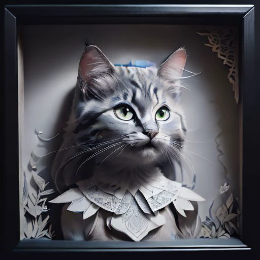 <lora:PerfectNwsjMajic_4:0.7>,(PerfectNwsjMajic:1.3),((Papercut)),kuusoogai,(masterpiece, top quality, best quality) ,cat, (headshot:1.1), shapes, intricate designs, shadowbox frame, kirigami