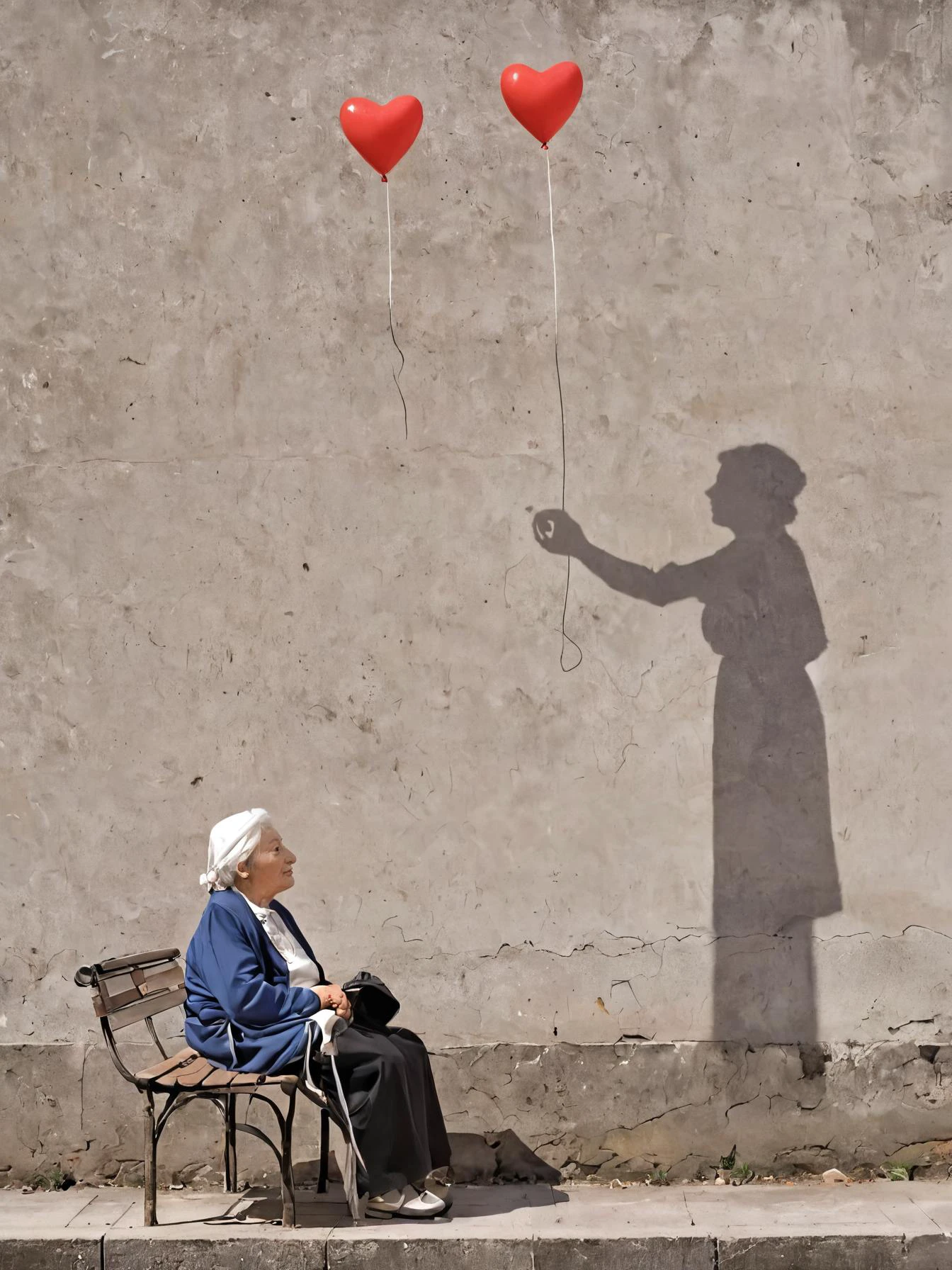 comic a solo old woman sit on a bench, a shadow of an old man on the wall is giving a heart shape balloon to the old woman, Perfect Hands, outdoor, street view, a white wall as background, fflix-shadows, SFW <lora:Perfect Hands:1> <lora:fflix-shadows:1> . graphic illustration, comic art, graphic novel art, vibrant, highly detailed