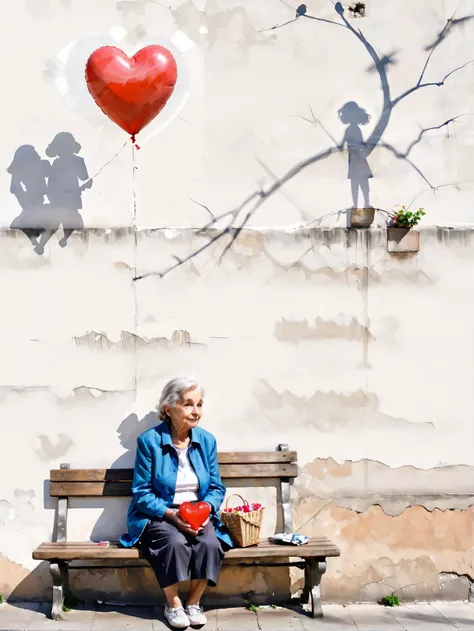 fflix-shadows, oil and watercolor painting of one old woman sit on a bench and holding a heart shape balloon, a shadow of an old man on the wall behind is gently place his hand on the old woman shoulders, Perfect Hands, outdoor, street view, a white wall as background, (close-up shot, front view), SFW <lora:fflix-shadows:0.8> <lora:Perfect Hands v2:1> <lora:oil_and_watercolor_painting:0.6>