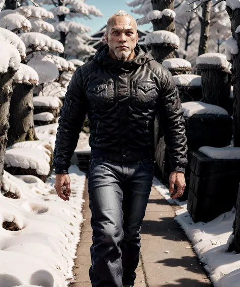 the_betrayer, looking at viewer, long sleeves, (black winter jacket:1.2), jeans, walking, park, dead trees, daytime, snow, winter, bald, beard, (muscular:1.1) <lora:Valen:0.85>