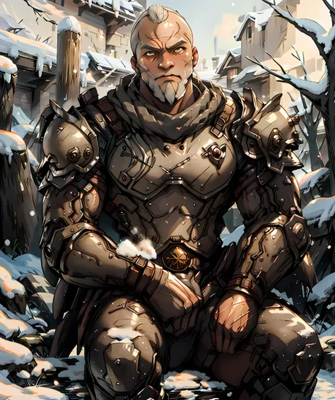 the_betrayer, looking at viewer, armor, hot spring, hot water, steam, cowboy shot, sitting down, dead trees, evening, snow, winter, bald, beard, (muscular:1.1) <lora:Valen:0.85>