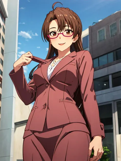 smile,looking at viewer,skirt liftdark-skinned female,suit,from below,street,ayumi_arima,long hair,brown hair,25 year old woman, one pigtail,pink lip, glasses,pink suit,one braid, <lora:ayumianimeB:0.5>